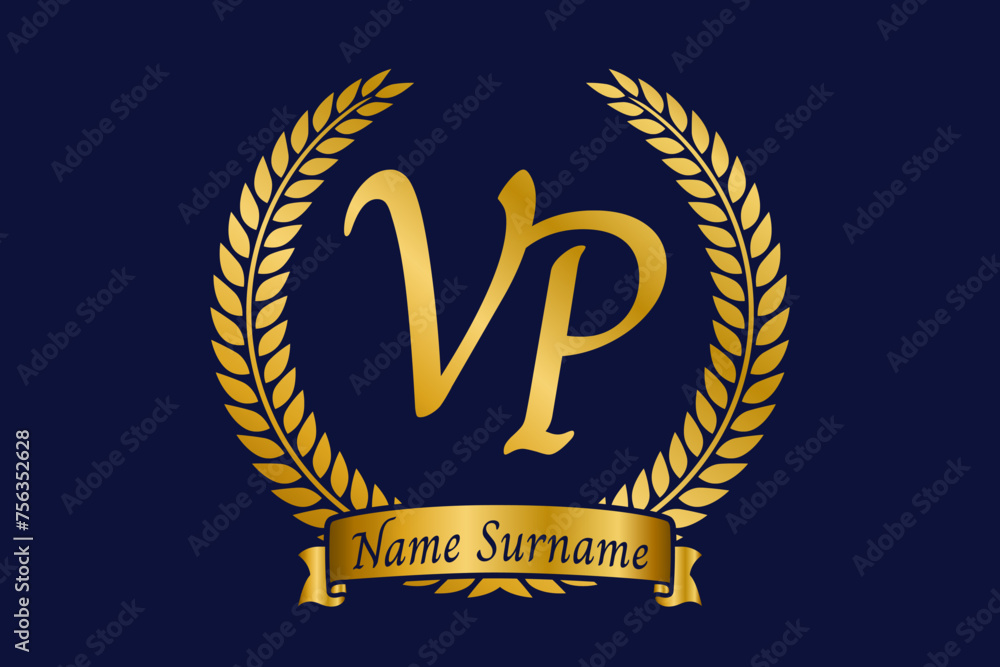 Initial letter V and P, VP monogram logo design with laurel wreath ...