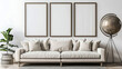 Multi mockup poster frames on a contemporary metal sculpture, beside a cozy loveseat