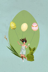 Canvas Print - Composite collage image of funny young girl flying eggs air balloons celebrate easter invitation postcard weird freak bizarre unusual