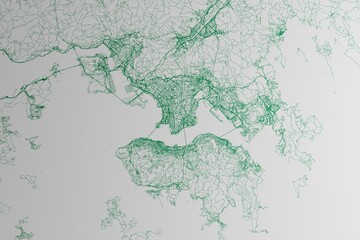 Poster - Map of the streets of Hong Kong made with green lines on white paper. 3d render, illustration
