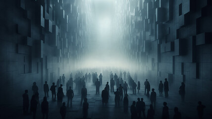 Wall Mural - abstract silhouettes of people in the fog of an urban landscape fictional graphics