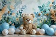 adorable teddy bear theme baby shower party vector, baby shower banner,in the style of mixer fantastical elements, happy expressionism, balloon and flowers 