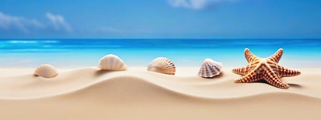 Wall Mural - beach summer panoramic background with seashells and starfish.
