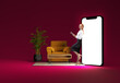 © master1305 - Woman in business clothes leaning on giant 3D model smartphone with armchair and plant beside her. Developing online app. Concept of innovation, modern technology. Mockup for ad, text, design, logo