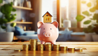 Close-up of a small model house on top of a piggy bank on a wooden table with a stack of coins. Symbolizing savings for housing. Generative Ai.