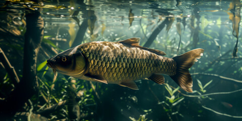 Common carp (Cyprinus carpio) swimming in a river