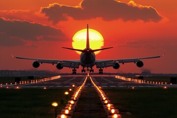 passenger plane, plane lands on the airport runway in beautiful sunset light