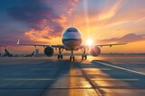 Fototapeta  - passenger plane, plane lands on the airport runway in beautiful sunset light