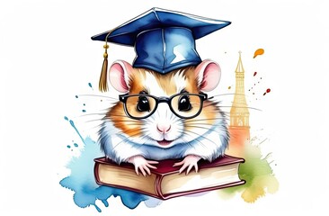 Wall Mural - With graduated cap and books, lovable humster is depicted in watercolor-style illustration.Graduation and study concept for banner, poster,t- shirt,Backpacks and Bags,Notebook Covers design.