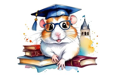 Wall Mural - Watercolor illustration,cute humster wearing  graduation cap and surrounded by books.Graduation and study concept for banner, poster,t- shirt, sticker, Backpacks and Bags, Notebook Covers design.