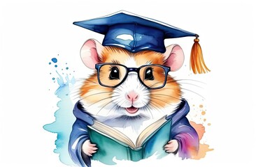 Wall Mural - Adorable humster wears graduated cap and poses with books,watercolor illustration.Graduation and study concept for banner, poster,t- shirt, sticker, Backpacks and Bags, Notebook Covers design.