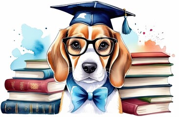 Wall Mural - Illustration in watercolor style features cute beaglepuppy adorned with graduated cap and surrounded by books.Graduation and study concept for banner, poster,t- shirt,Notebook Covers design.