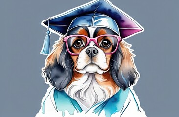 Wall Mural - Illustration in watercolor style features cute spaniel puppy adorned with graduated cap and surrounded by books.Graduation and study concept for banner, poster,t- shirt,Notebook Covers design.