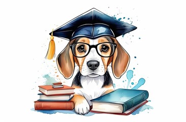 Wall Mural - Adorable beagle dog wears graduated cap and poses with books.Graduation and study concept for banner, poster,t- shirt, sticker, Backpacks and Bags, Notebook Covers design.