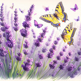 Fototapeta Lawenda - Piękna akwarela z lawendą i motylami, dekoracja generative ai