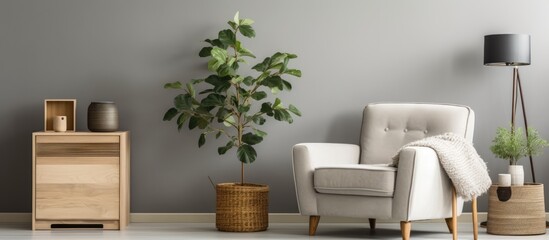 Wall Mural - An interior design with a chair, nightstand, lamp, and potted plant, creating a cozy atmosphere in the living room of a house