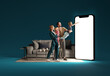 © master1305 - Family interacting with huge 3D model of smartphone in living room against blue background. Online shopping, delivery services, sales. Modern technologies. Mockup for ad, text, design, logo