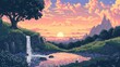 Pixel sunset. Style, moon, greenery, nature, wilderness, trees, sun, dawn, evening, horizon, night, forest, twilight, beauty, romance, clouds, sky, landscape. Generated by AI