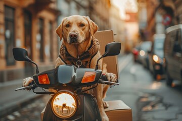 Wall Mural - A dog is riding a motorcycle with a helmet on