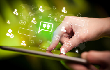 Poster - Close-up of a hand using tablet, social media concept