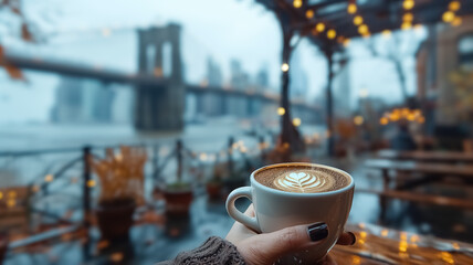 Close-up of a female hand holding a cup of coffee and Brooklyn Bridge is in the background, first-person photo, blurred background, travel image with well known destination