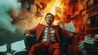 Burnout: Asian man engulfed by paperwork on fire. Powerful concept of work burnout. Ideal for stress, workplace challenges, and mental health visuals.