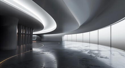 Aufkleber - Simple exhibition hall with dark black curves and streamlined style. Generative AI.