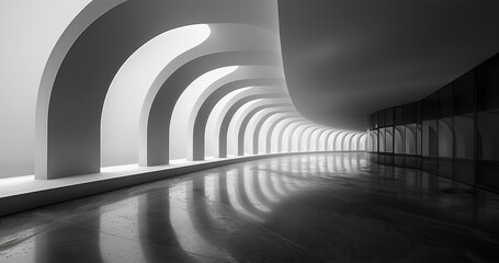 Aufkleber - Simple exhibition hall with dark black curves and streamlined style. Generative AI.