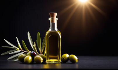 Nature Olive oil in a bottle, olives, twigs on a textured black background. Free space for text.