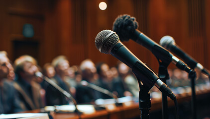 Aufkleber - An assortment of microphones on stand with presenter at a lecture. Generative AI.