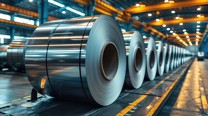 Poster - Rolls of galvanized steel sheet, steel sheet rolls, Rolled steel coils in a warehouse of a metal factory. Generative AI.