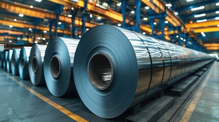 Poster - Rolls of galvanized steel sheet, steel sheet rolls, Rolled steel coils in a warehouse of a metal factory. Generative AI.