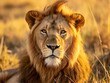 Close-up of a regal lion with a soft-focus savannah background at sunset, exuding strength and tranquility.