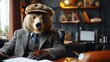 A whimsical and surreal image of a bear dressed in a business suit, seated confidently at an office desk.