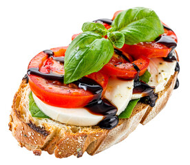 caprese sandwich with fresh mozzarella, sliced tomatoes, basil leaves, and balsamic glaze on crusty 