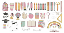 Hand Drawn School Supplies For Students Backpack Pencil Pen Globe Calculator Textbook Etc Vector Illustration Set Isolated On White. Groovy Back To School Education Print Collection.