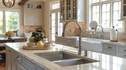 Center island kitchen, faucet, sink, cabinets, white cooktop. Generative AI.