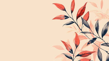 Poster - Elegant botanical background with red and black leaves on a pastel beige canvas, ideal for sophisticated designs with space for text on the right