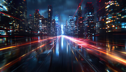 modern and majestic city views, Reflective Urban Night Scenes with futuristic Speed ​​of Light