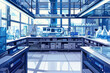 Modern, clean laboratory interior with advanced scientific equipment, blue tones, suitable for technology or research-themed backgrounds with copy space