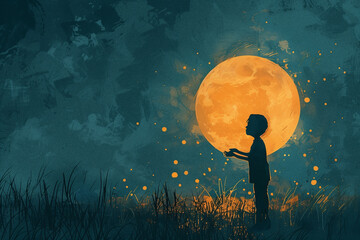 Wall Mural - Silhouette of a child holding a bright, full moon against a mystical dark blue background with copy space, ideal for imaginative concepts or dreamy backgrounds