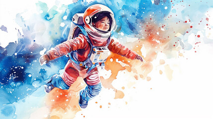 Wall Mural - watercolor illustration of a child astronaut floating in a vibrant cosmic background suitable for im