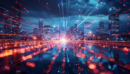 Aufkleber - modern and majestic city views, Reflective Urban Night Scenes with futuristic Speed ​​of Light