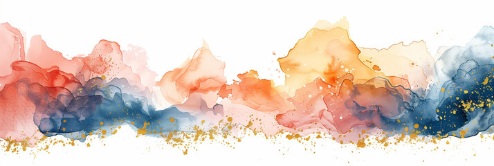 Wall Mural - watercolor abstract header with a fluid blend of pink, orange, and blue hues accented with gold foil