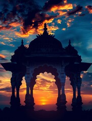 Wall Mural - Indian arch silhouette in old temple at dramatic dark blue sunset sky background. Free space for text - generative ai