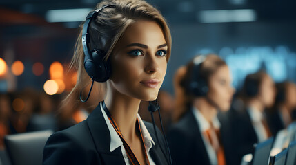 Sticker - Young friendly operator woman agent with headsets working in a call centre.