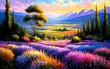 Landscape painting of a hilly field full of lavender, trees, sunrise, sunset