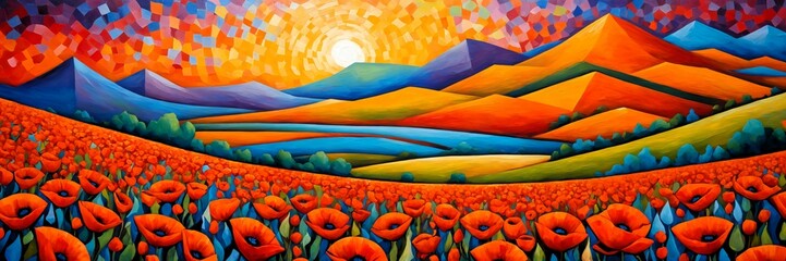 Canvas Print - Landscape painting of a hilly field full of poppies, trees, sunrise, sunset