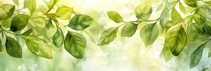 Sticker - Fresh green leaves , blurred background, ideal for spring or eco-friendly concept designs with copy space, watercolor