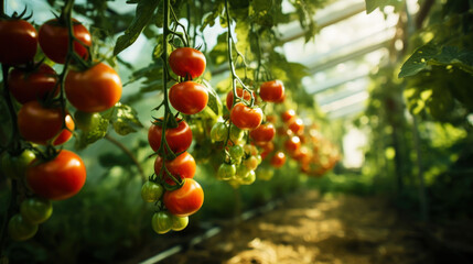 Wall Mural - Ripe red tomatoes cluster in greenhouse. Vegetable on organic farm concept . Generative AI